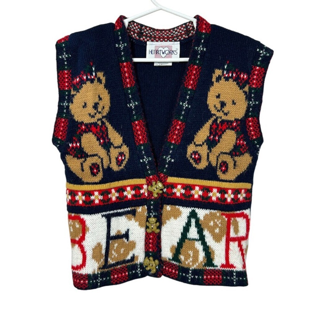 VTG Heartworks Teddy Bear Knit Sweater Vest 6X Unisex Made in USA Novelty